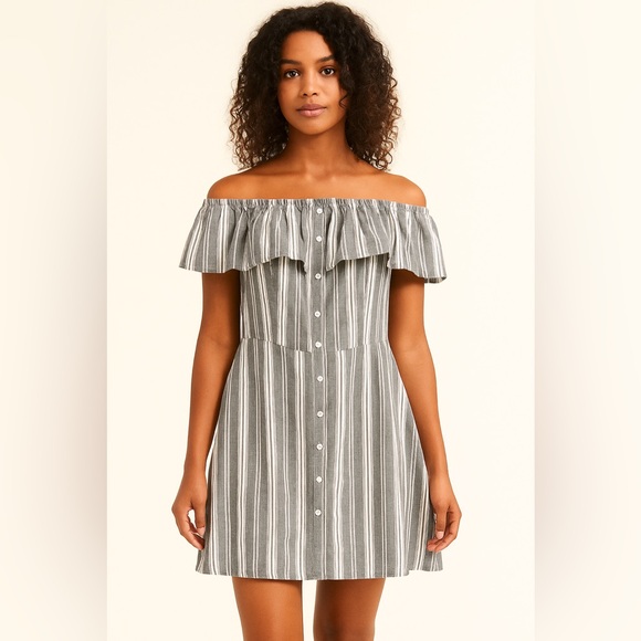 Thread Story Black and White Striped Off-Shoulder A-Line Dress - Picture 1 of 12